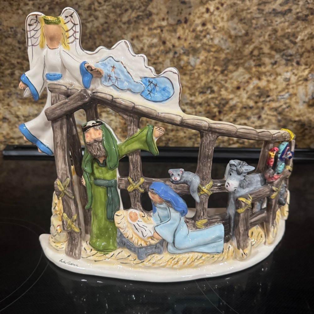 Blue Sky Heather Goldminc Ceramic Nativity Scene Tea Light Holder 2011 Holiday